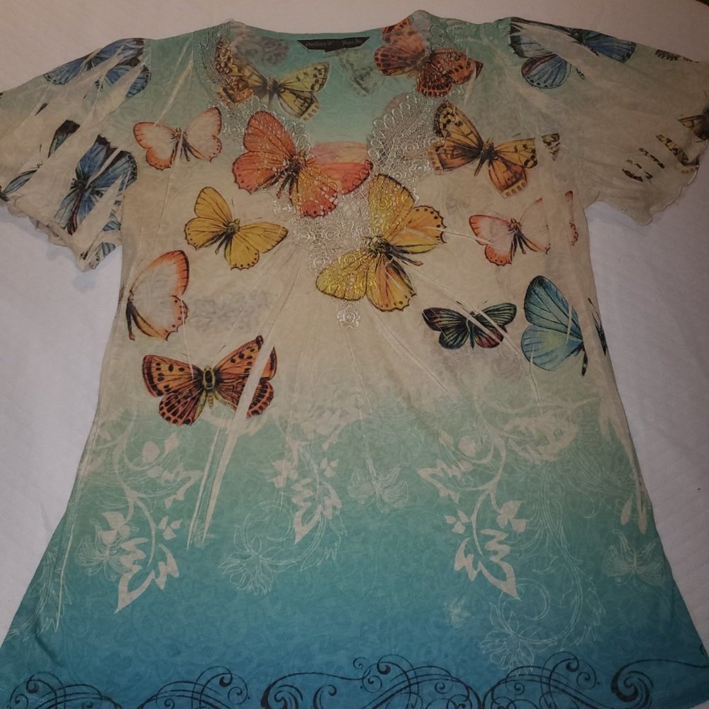 Sienna Rose Women's Tan/Green/Teal Butterfly Top